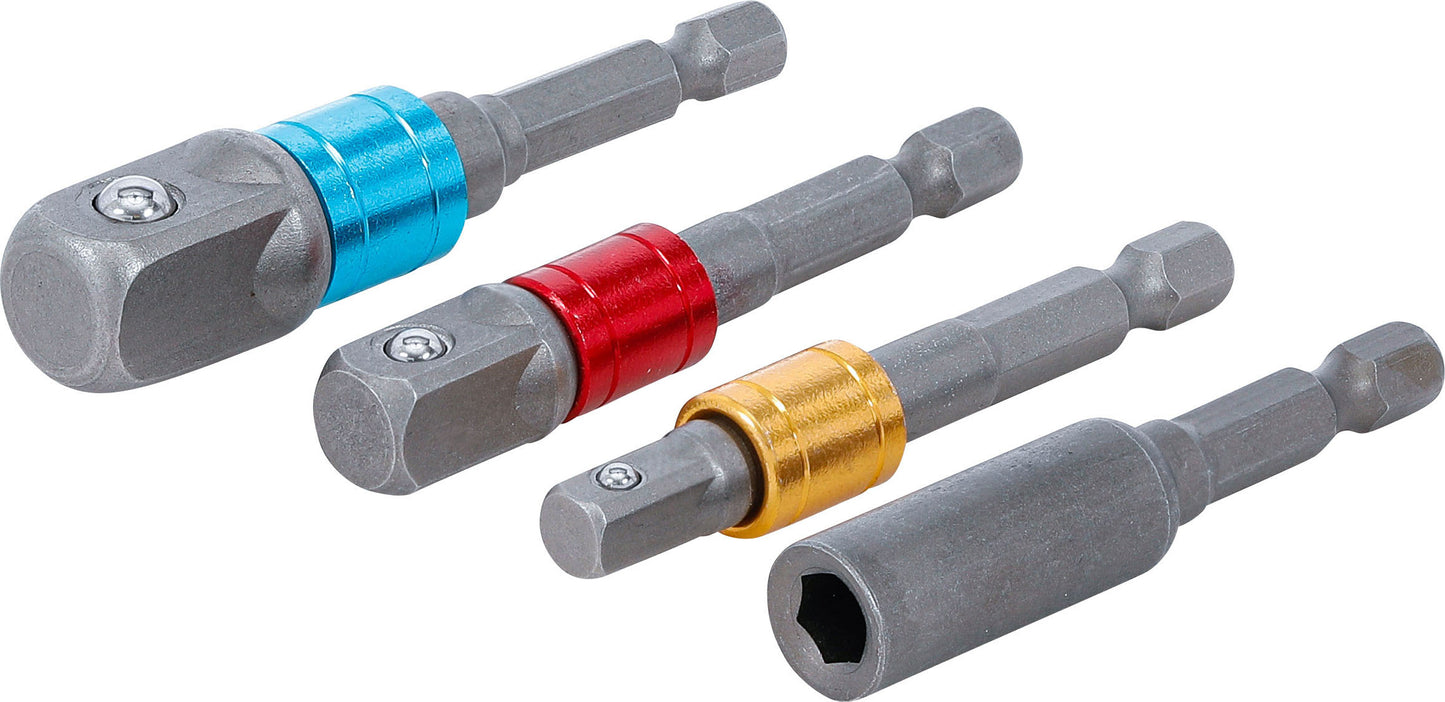 Adapter-Satz für Bohrmaschinen | farbig | Antrieb Außensechskant 6,3 mm (1/4") | Abtrieb Außenvierkant 6,3 mm (1/4"), 10 mm (3/8"), 12,5 mm (1/2"), Innensechskant 6,3 mm (1/4") | 4-tlg.