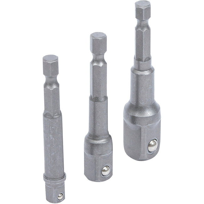 Adapter-Satz für Bohrmaschinen | Antrieb Außensechskant 6,3 mm (1/4") | Abtrieb Außenvierkant 6,3 mm (1/4") / 10 mm (3/8") / 12,5 mm (1/2") | 3-tlg.